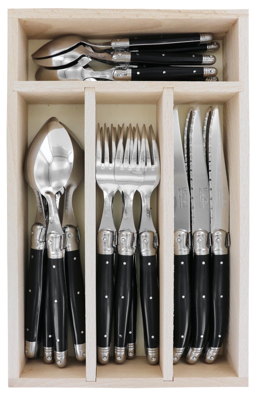 Laguiole Andre Verdier Debutant 24pc Flatware Set Black Handle 4pc Place Setting