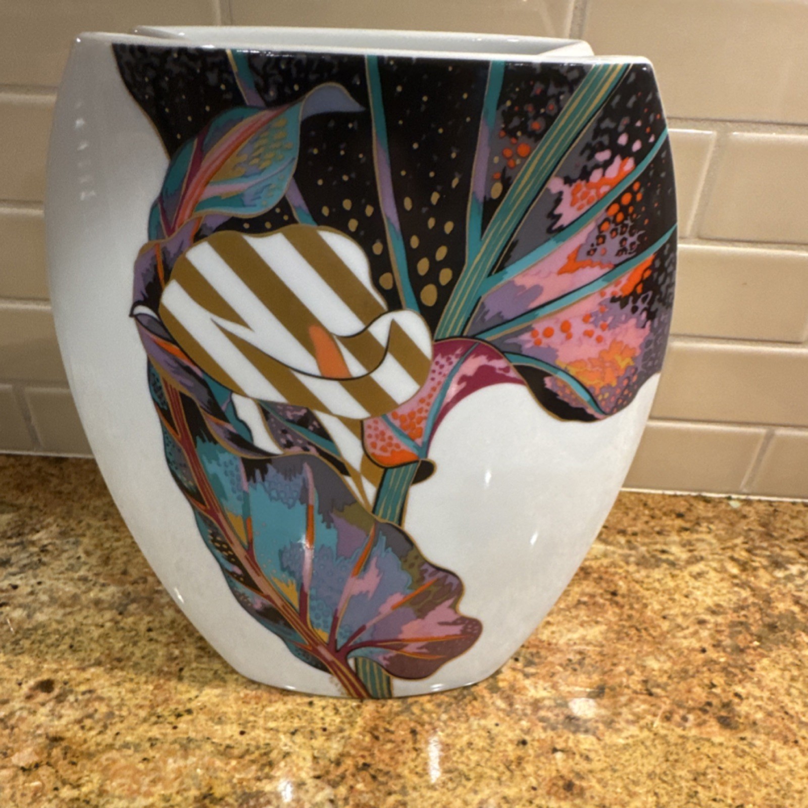 Rosenthal Porcelain Vase Germany White & Multicolor Abstract Art Glossy Finish