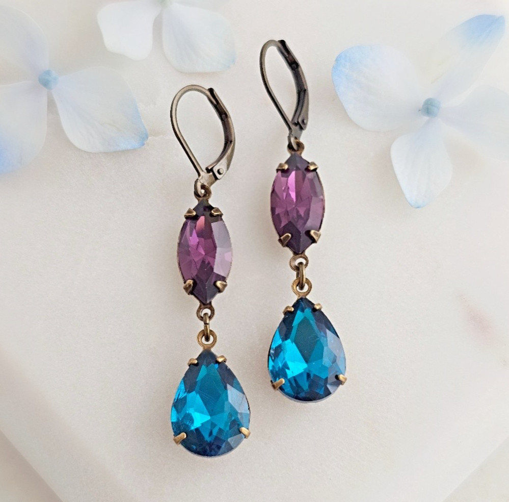 Amethyst Purple Crystal Marquise and Dark Teal Blue Teardrop Dangle Earrings