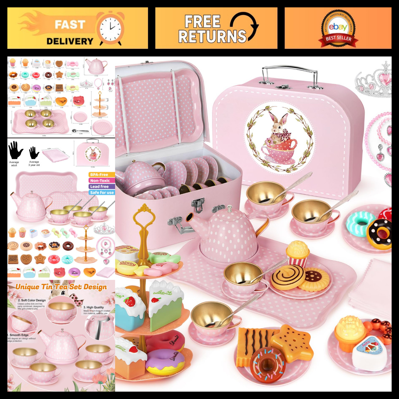 49PCS Princess Tea Party Set for Girls - Kids Pretend Play Tea Set & Desserts, P