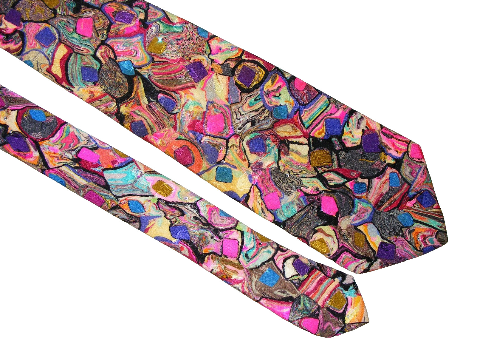 MENS RARE PAPILLON ITALY ABSTRACT PRINT WITH CRYSTAL\'S NECK TIE EUC
