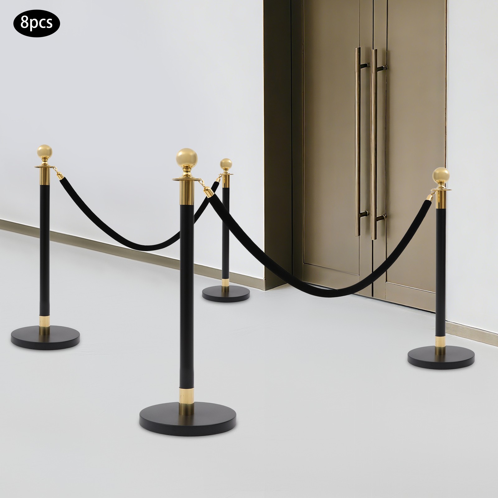 8PCS Black+Gold Stanchion Posts Queue Pole w/ 4 1.5M Ropes Crowd Control Barrier