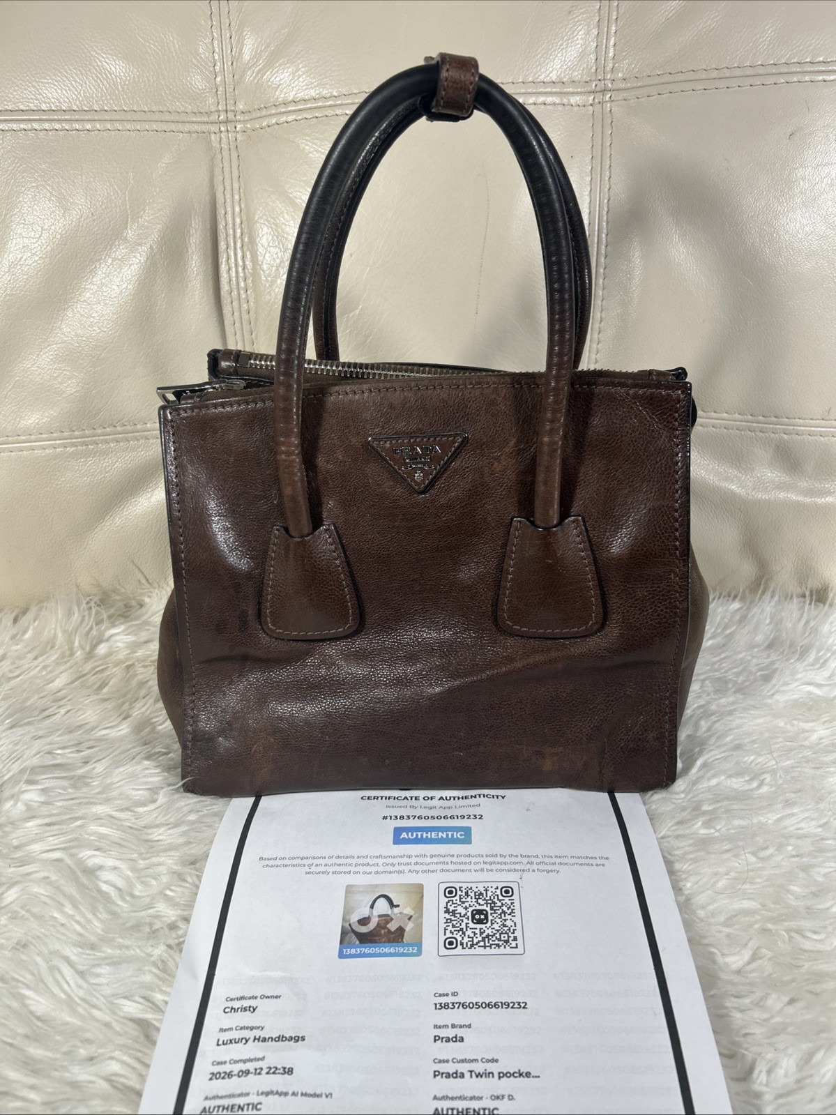 Prada Bag Twin Pocket Certificate Of Authencity Med Rich Calf Leather Rets$2000