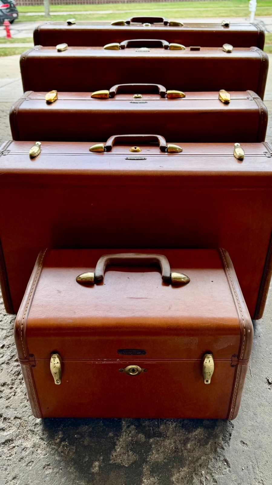 Vintage 1950s Samsonite Shwayder Bros. 5 Piece Hard Luggage Set (Saddle Tan)