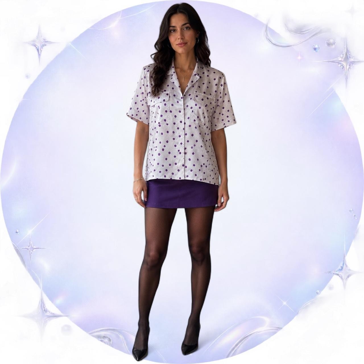 Vintage 1980s Notations Purple Polka-Dot Satin Blouse Size 6