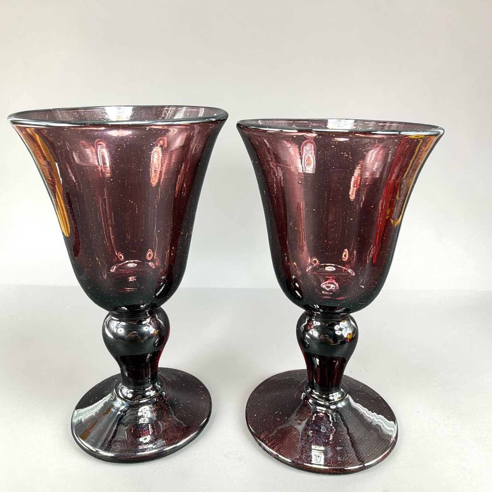 VTG French Seeded Amethyst Purple Art Glass Goblets Set of 2 Handmade 5in Tall