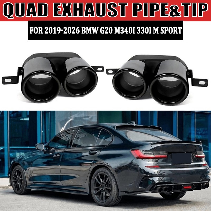 FOR 2019-26 BMW G20 M340i 330i Gloss Black STAINLESS QUAD EXHAUST TIP FINISHERS