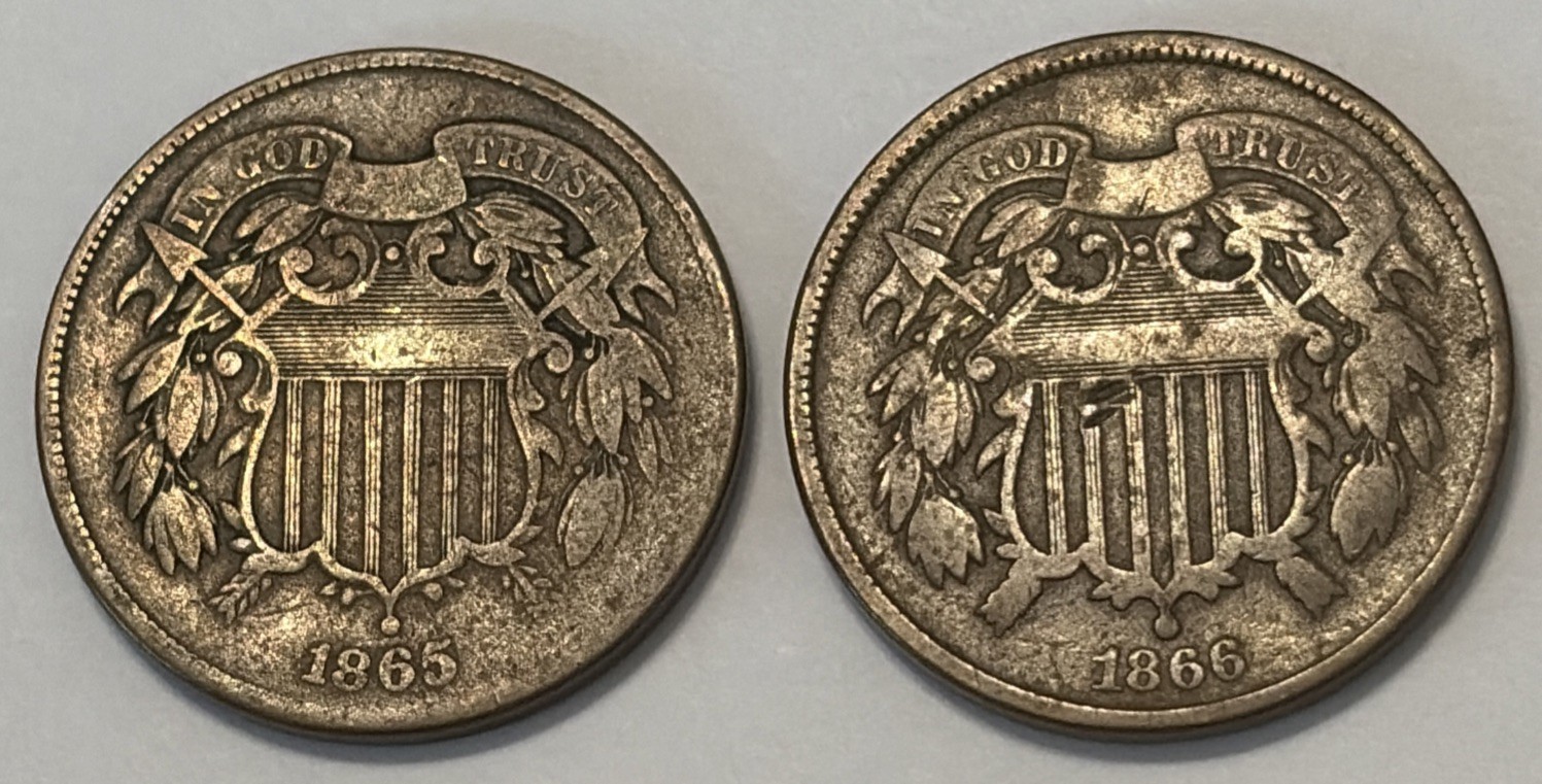 1865 1866 2c Piece United States 2 Coins 1865 1866 2c Piece United States 2 Coins