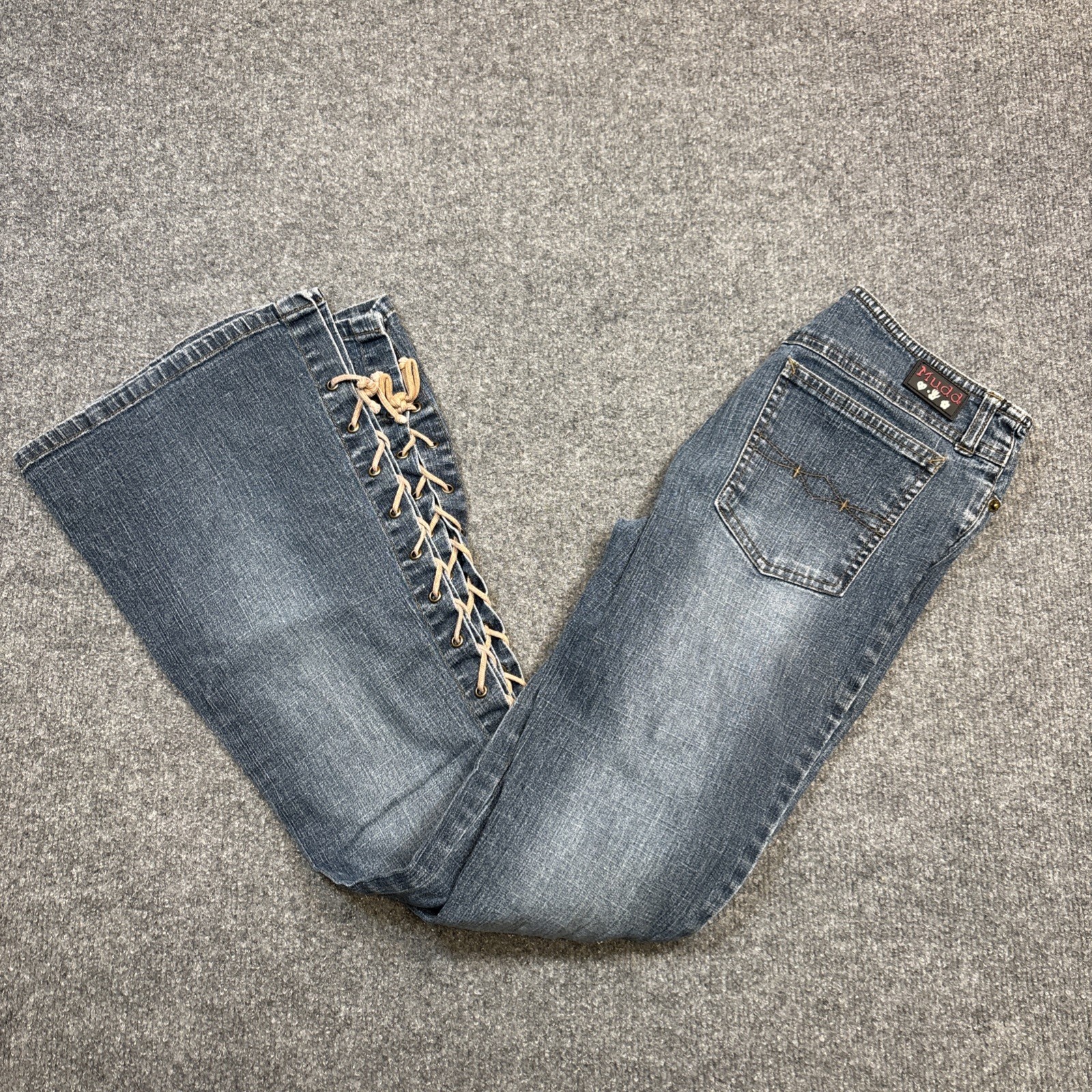 Vintage Y2K MUDD Womens Jeans Sz 1 Lace Up Front Low Rise Flare Boho Hippie 90\'s