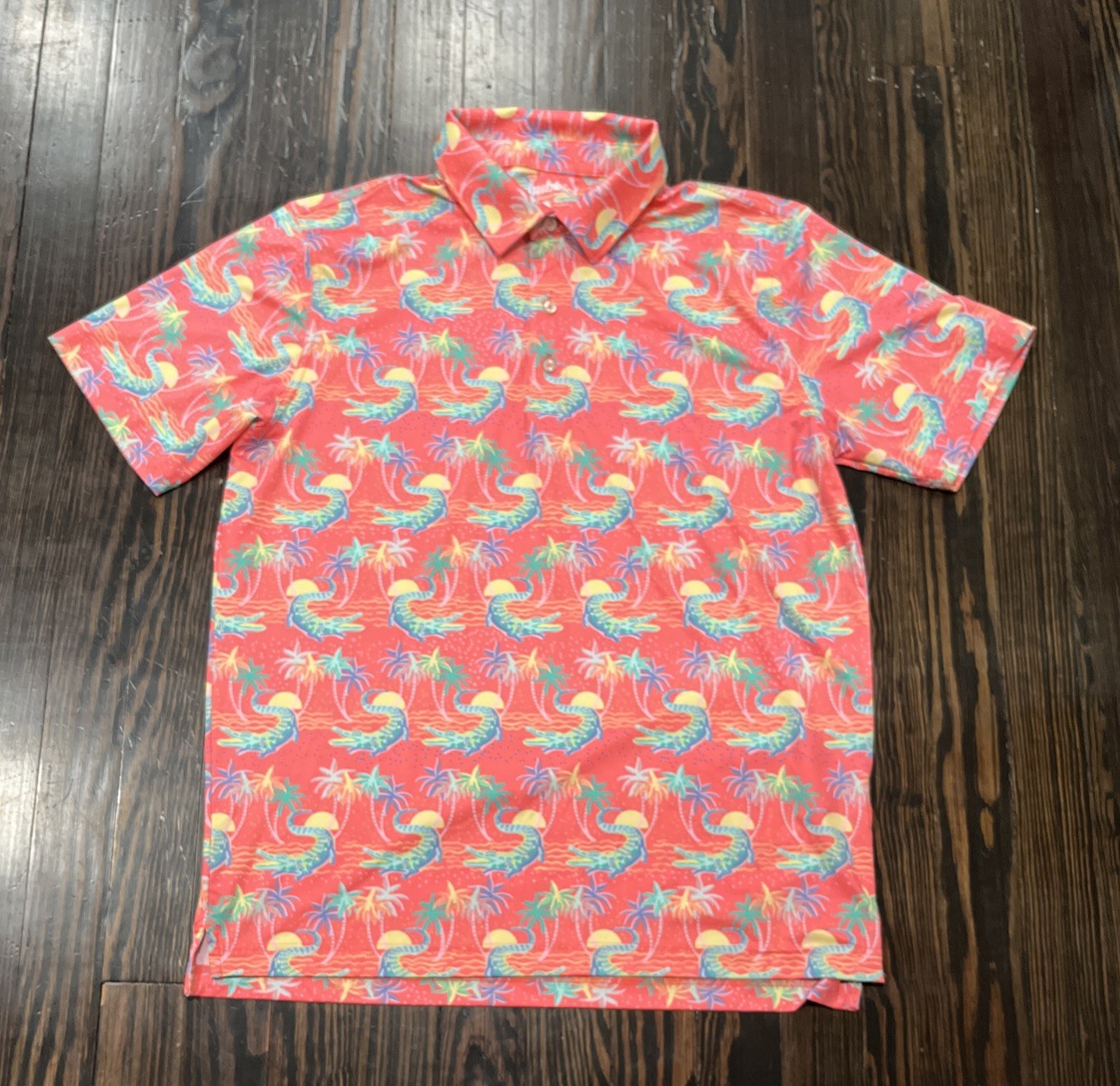 Chubbies Performance Polo Shirt Emma Medium Pink Alligator Print Polyester