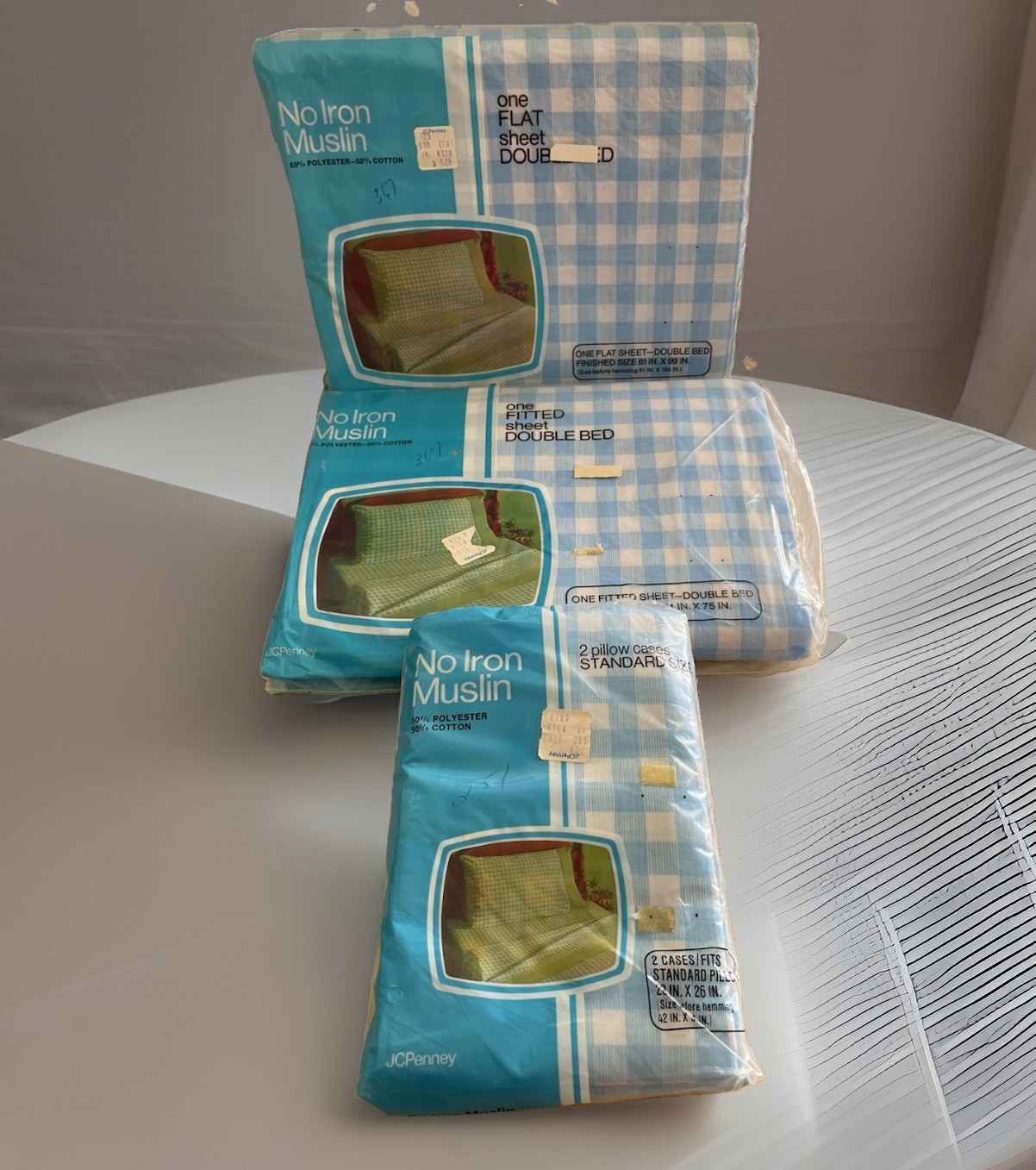 Vtg 60s 70s JC Penny\'s No Iron Muslin Double Bed Sheet Set Gingham Blue NOS