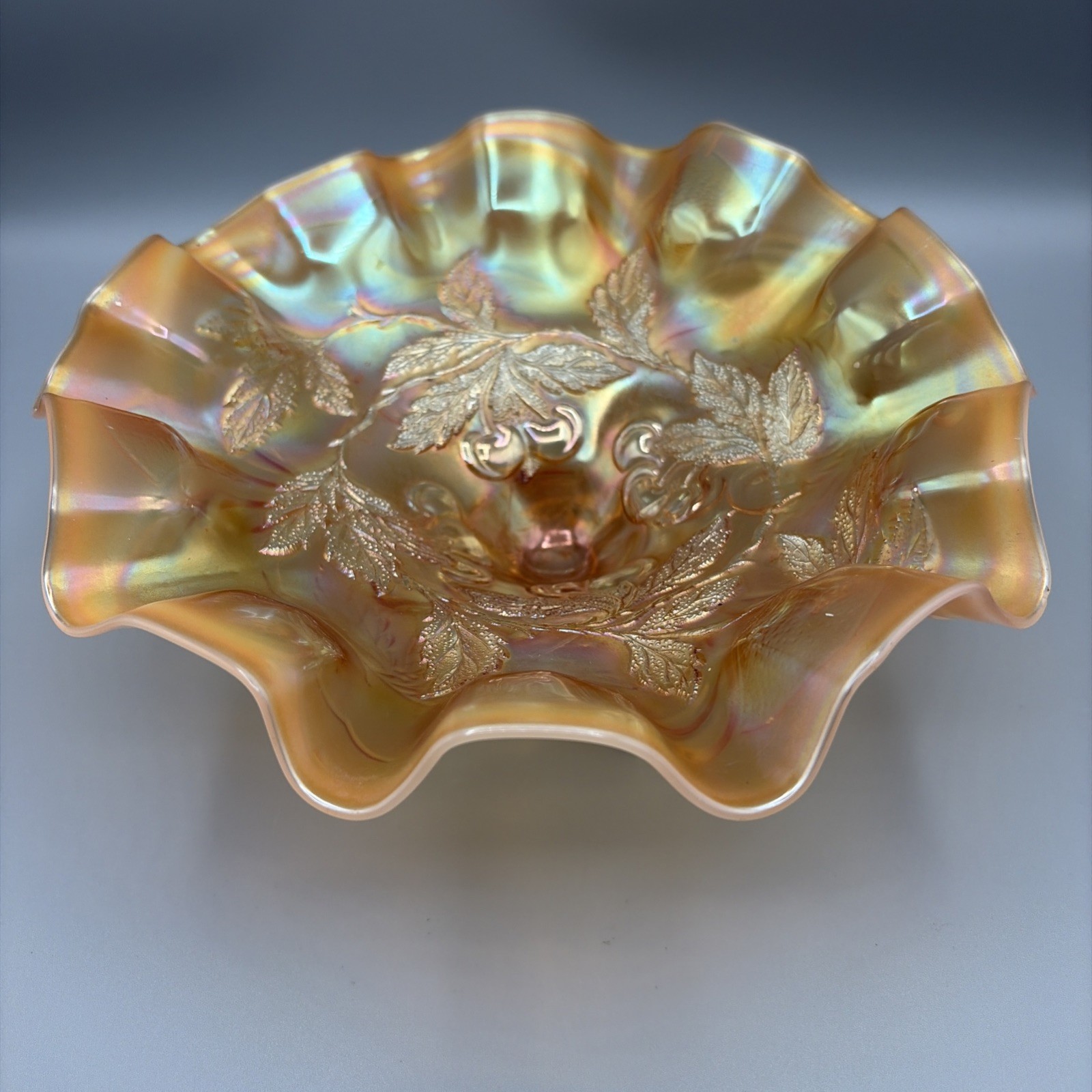 Antique Dugan Cherries Peach Opal Carnival 3 Ball Feet Bowl 1910\'s
