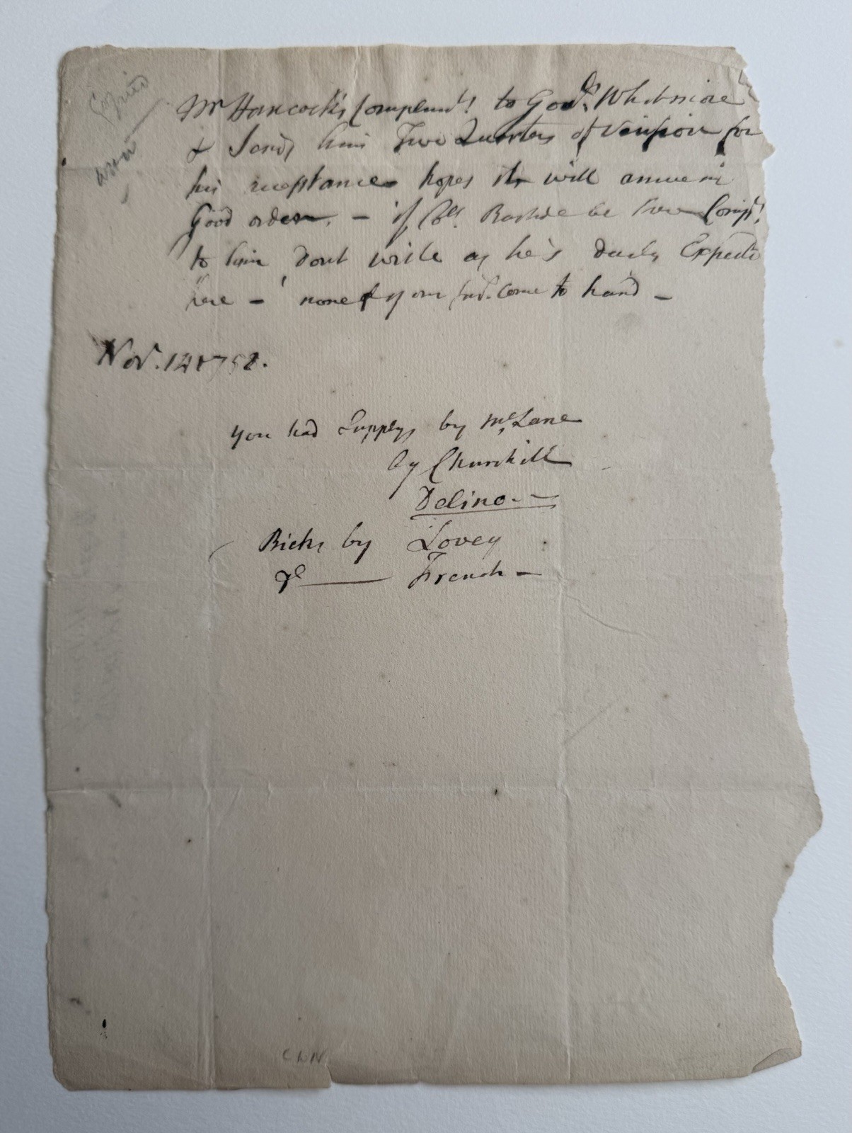 1758 John Hancock ALS To Governor Whitmore, French & Indian War