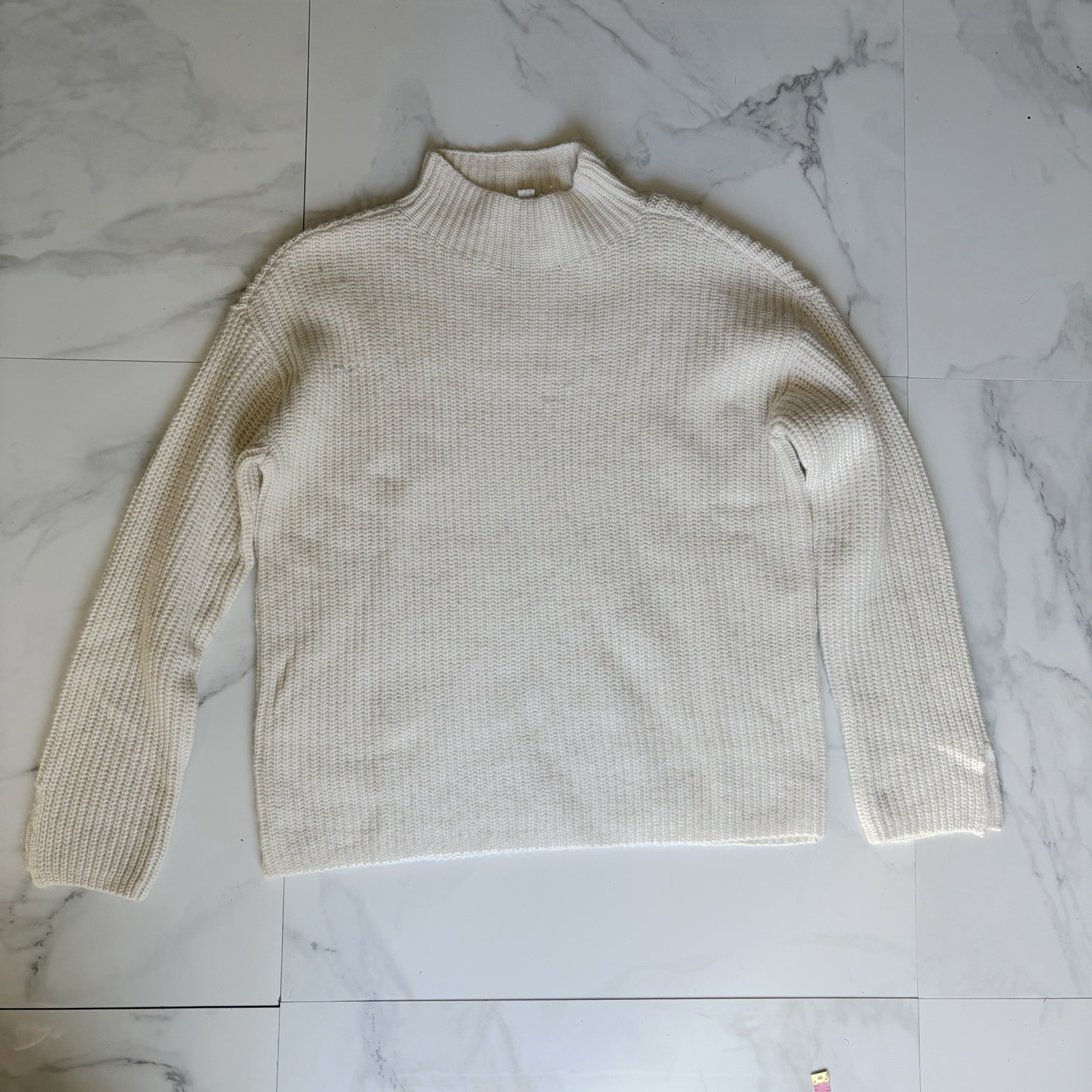 LOFT Cream Chunky Knit Mock Neck Sweater Split Cuffs Size Medium