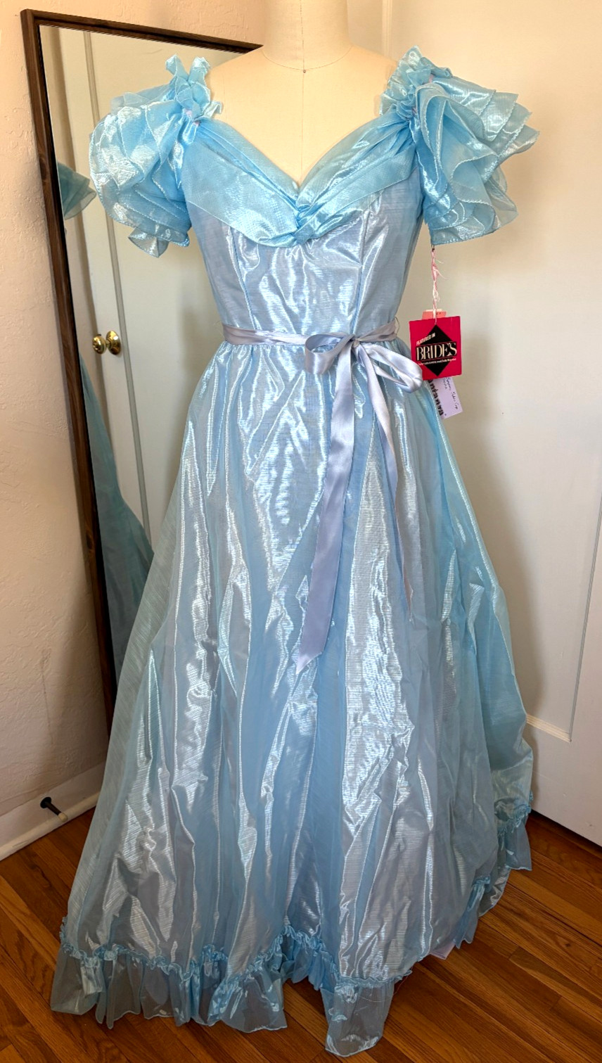 Vintage J.N. Prashker NYC Blue Organza Puff Sleeve Princess Formal Gown Fantanza