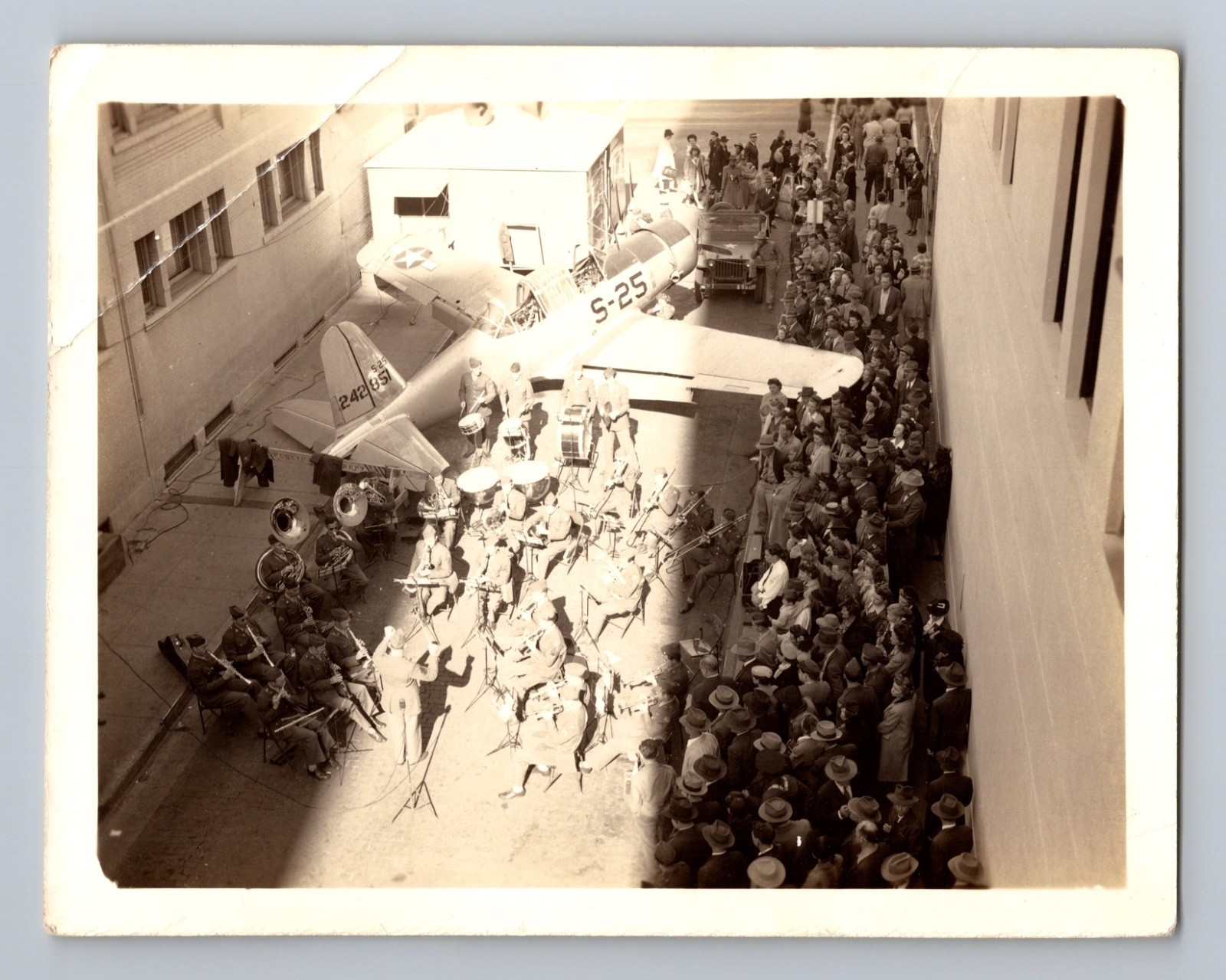 WWII Army Band Performs By Vultee BT-13 Valiant Aircraft For Civilians Photo WWII Army Band Performs By Vultee BT-13 Valiant Aircraft For Civilians Photo