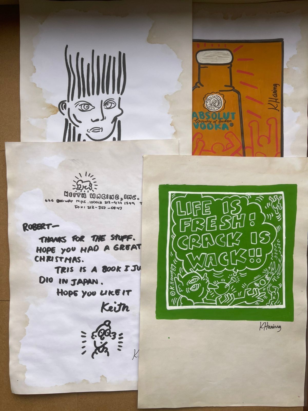 KEIT HARING (4 ITEM) PAITING AND DRAWING ON OLD PAPER SIGNED  STAMPED - HANDMADE