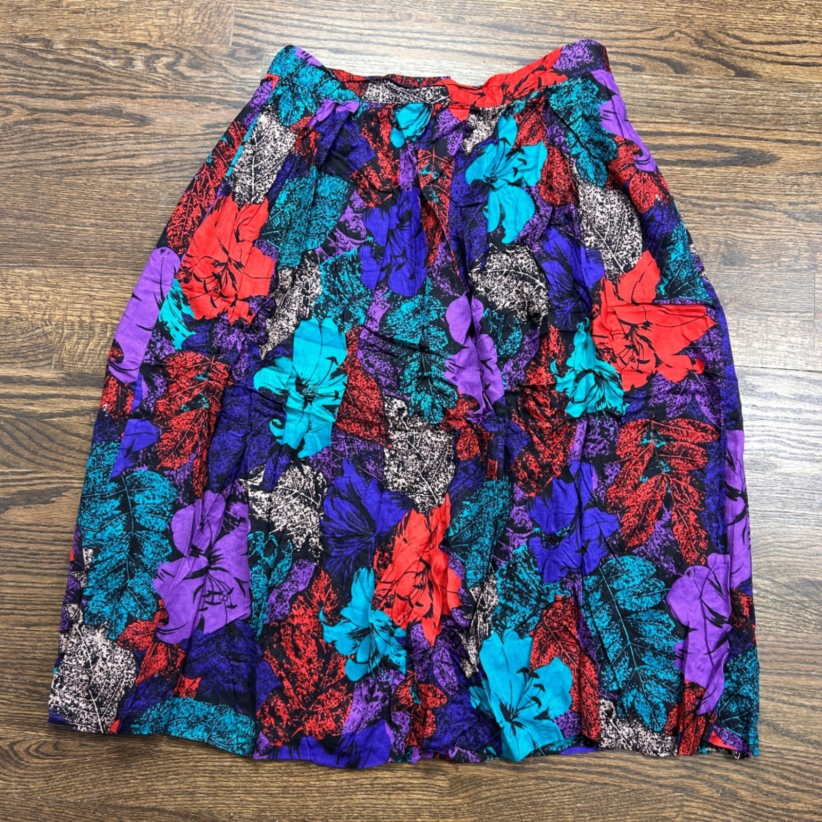 Vtg Worthington Floral Skirt Womens 18 Purple Teal Rayon Pleated Pockets