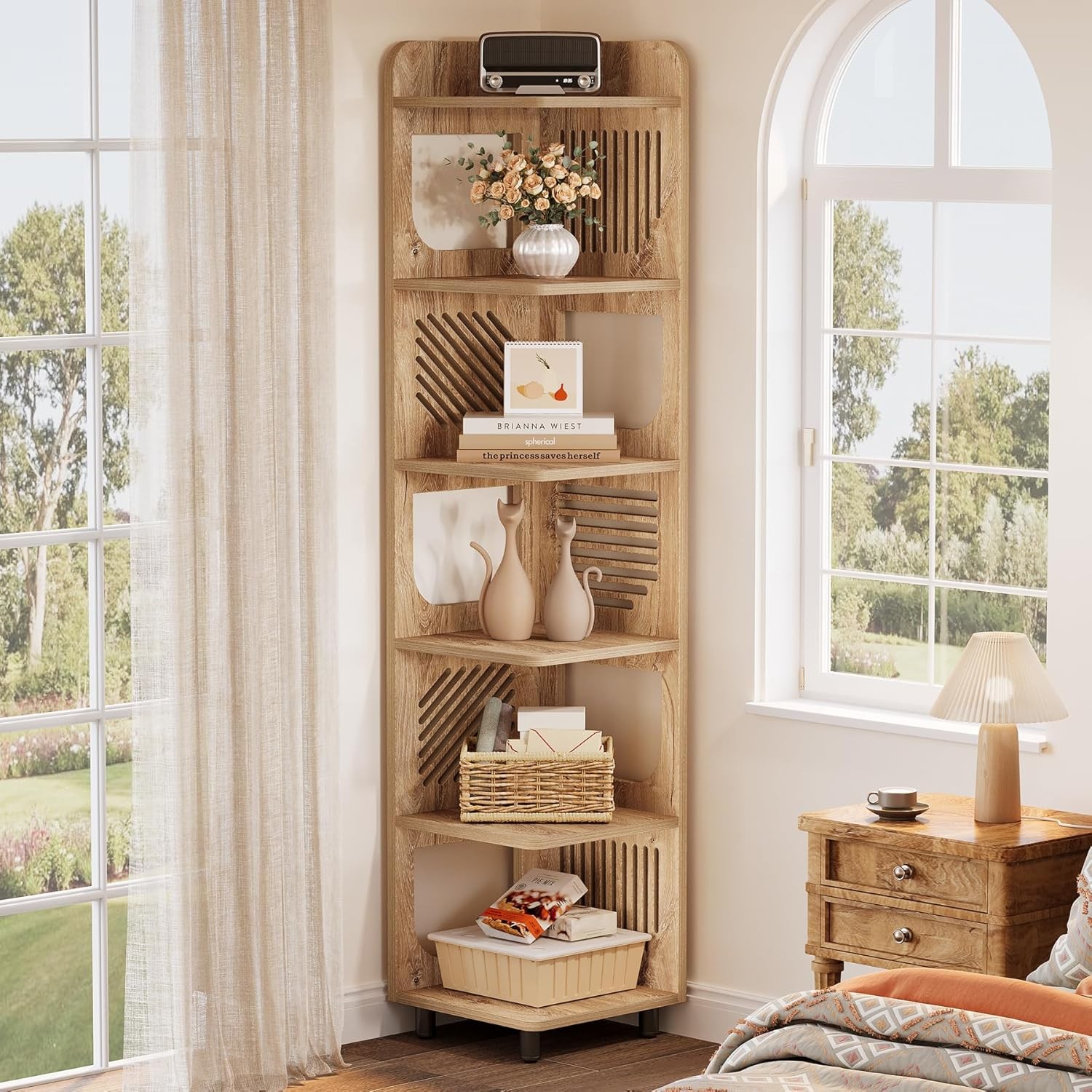 6-Tier Tall Corner Shelf, Rustic Narrow Corner Bookshelf Bookcase w/ Square Rack 6-Tier Tall Corner Shelf, Rustic Narrow Corner Bookshelf Bookcase w/ Square Rack