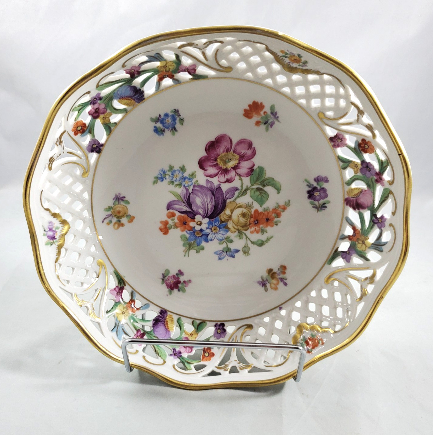 Bavaria SCHUMANN Porcelain Chalet Bowl Wildflower Gold Rim Trim Lace Pierced Vtg Bavaria SCHUMANN Porcelain Chalet Bowl Wildflower Gold Rim Trim Lace Pierced Vtg