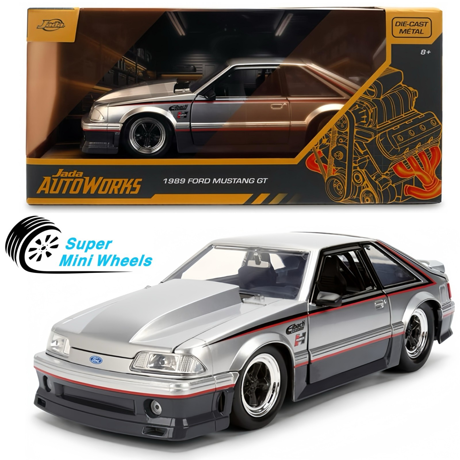 Jada 1:24 1989 Ford Mustang GT Hurst Eibach – Silver – Autoworks #38347