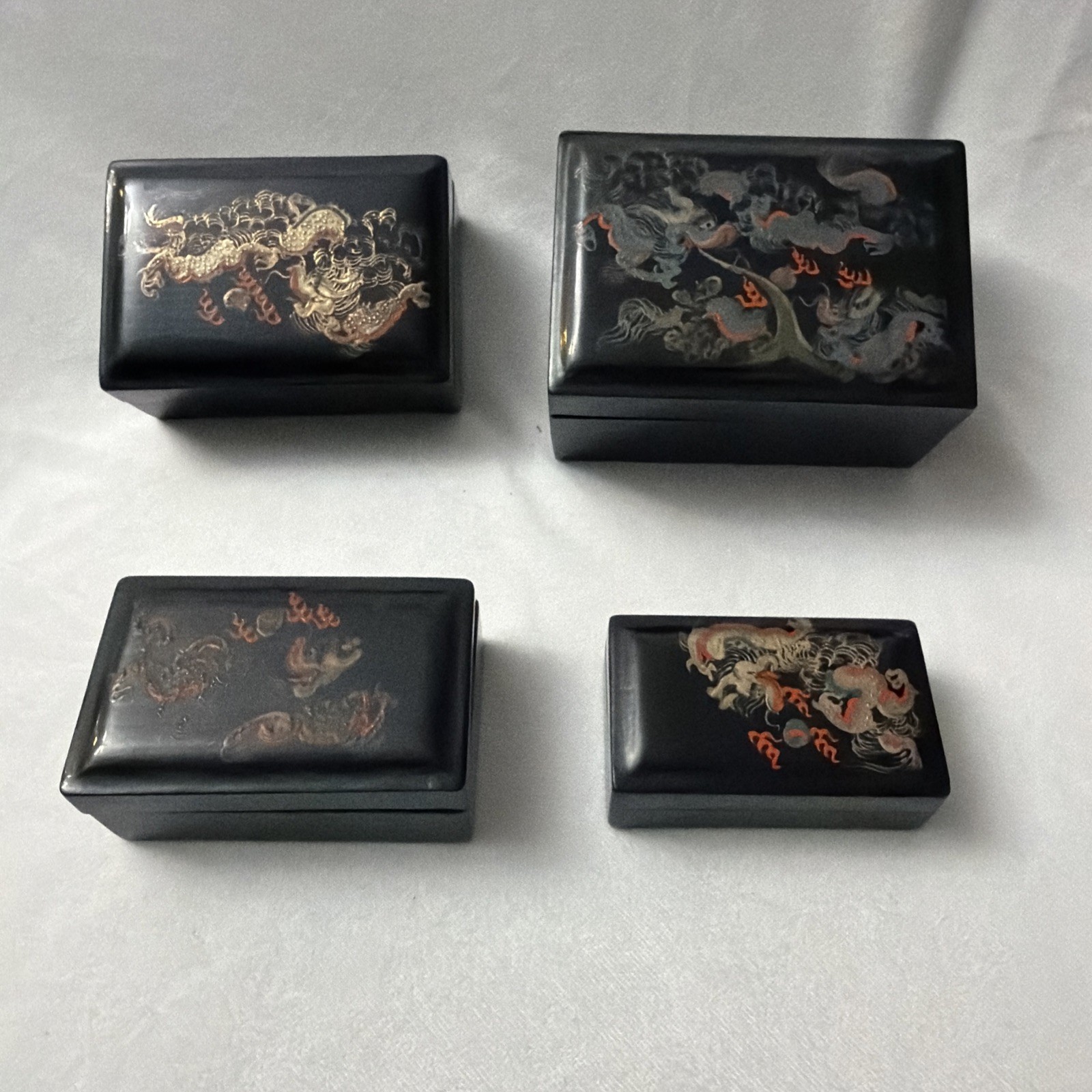 Antique Black Chinese Lacquerware Hand Painted Dragon Nesting (4)Boxes MC