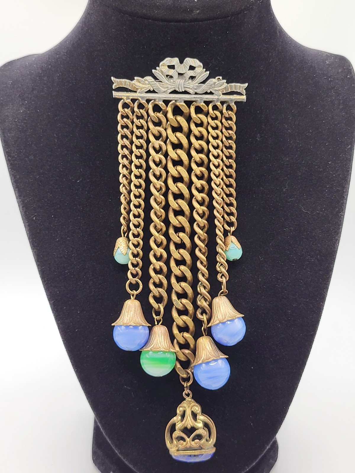 Rare Vintage 1940s REINAD Bow Bar Brooch Seven Cascading Chains Art Glass 6.5\
