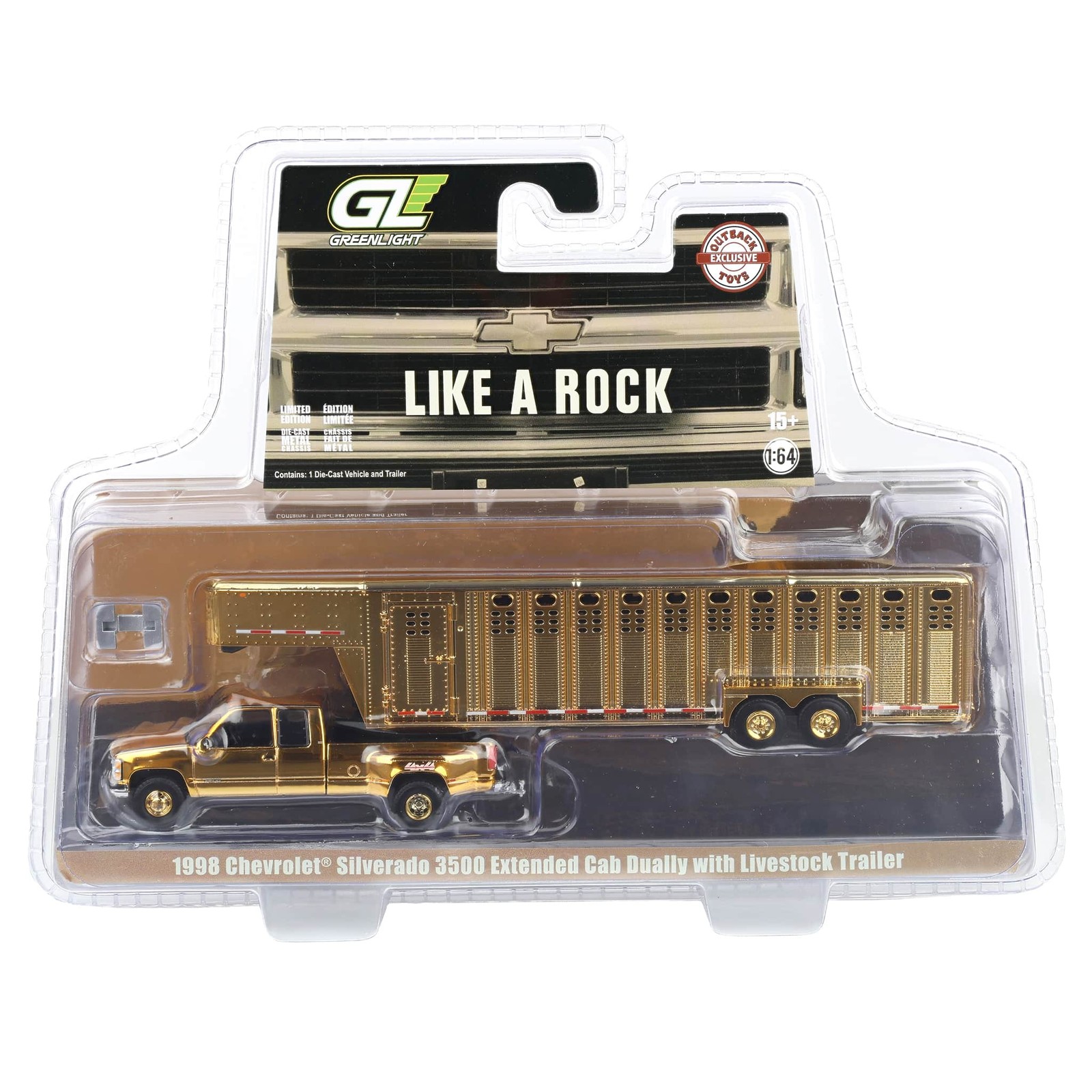 Gold Chrome ~ 1/64 1998 Chevy Silverado 3500 Ext., Dually, Trailer, 51587-A