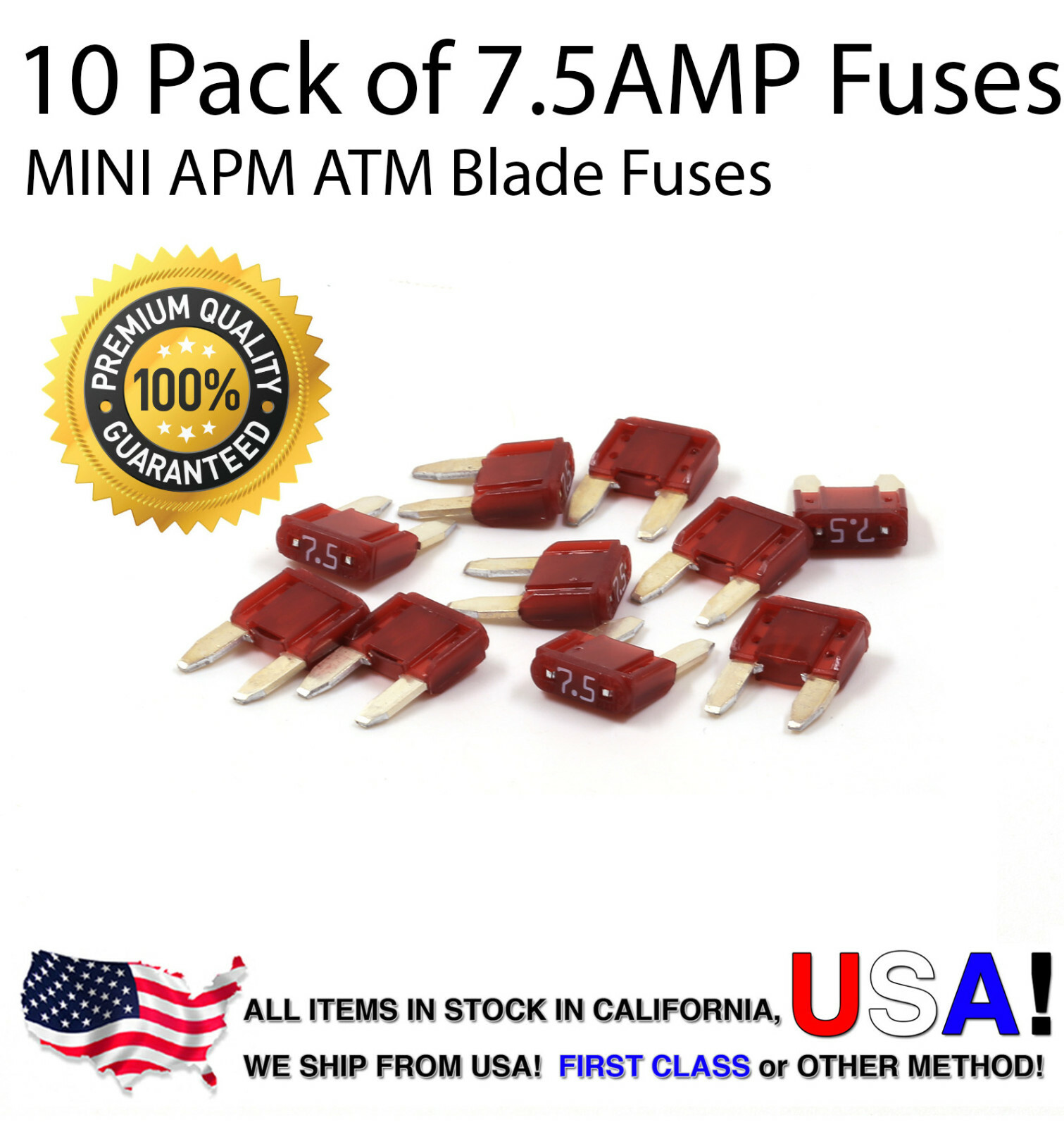 Premium 10 Pack 7.5 AMP Automotive APM ATM Mini Blade Fuses 7.5A