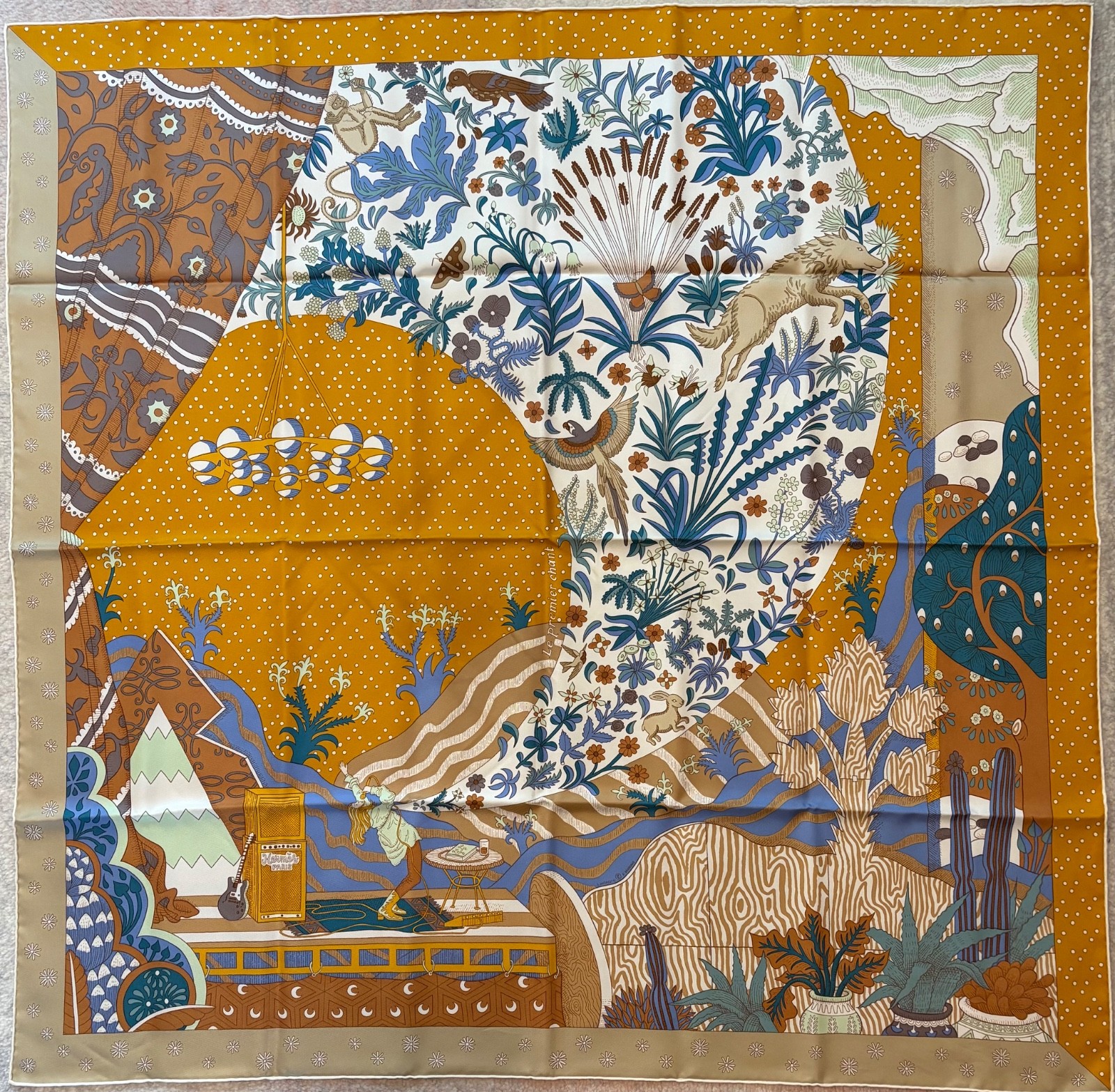 Hermes 90cm silk scarf Le Premier Chant orange teal