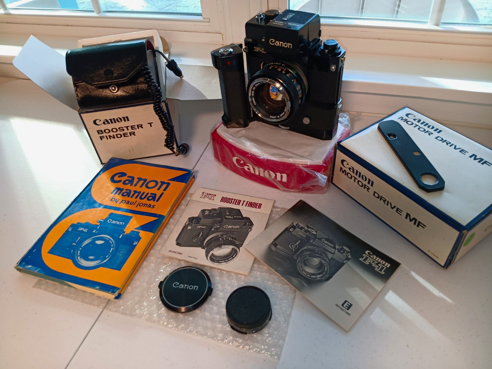 Canon F-1 Black 35mm Film SLR Camera w/ Booster T Finder & Motor Drive MF