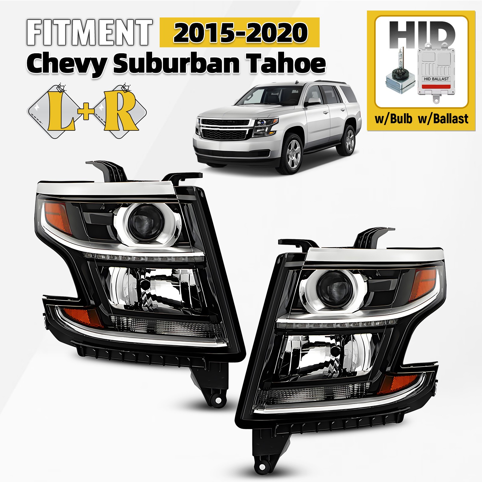 HID Headlight For 2015-2020 Chevy Tahoe/Suburban w/Bulb w/Ballast Left+Right HID Headlight For 2015-2020 Chevy Tahoe/Suburban w/Bulb w/Ballast Left+Right
