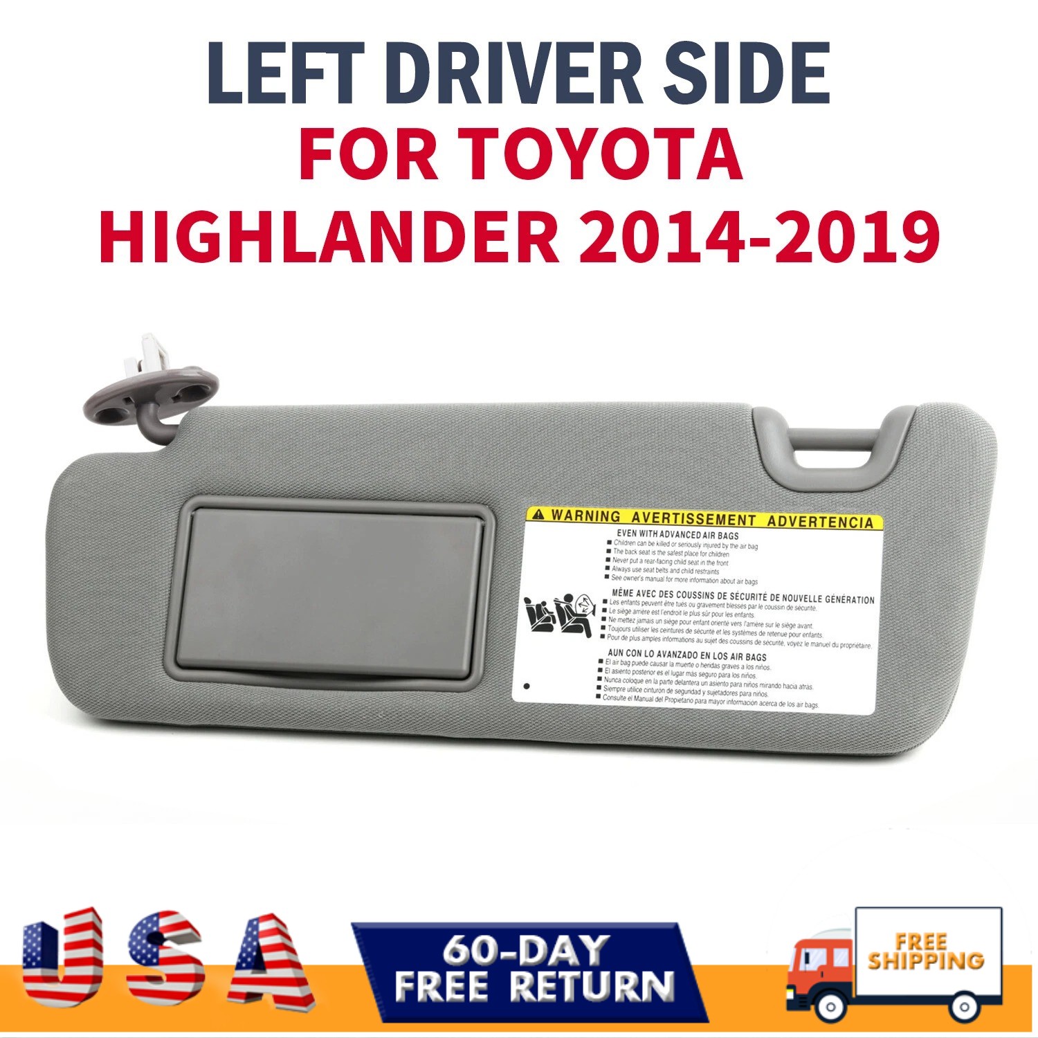 NEW 14-19 highlander Left Driver Side Sun Visor W/ Light gray 74320-0E074-B0