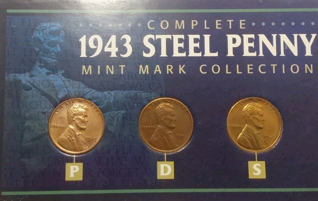1943 P D S Lincoln Steel Wheat 1C Penny Copper Toned Magnetic 3 Pc Set FreePost 