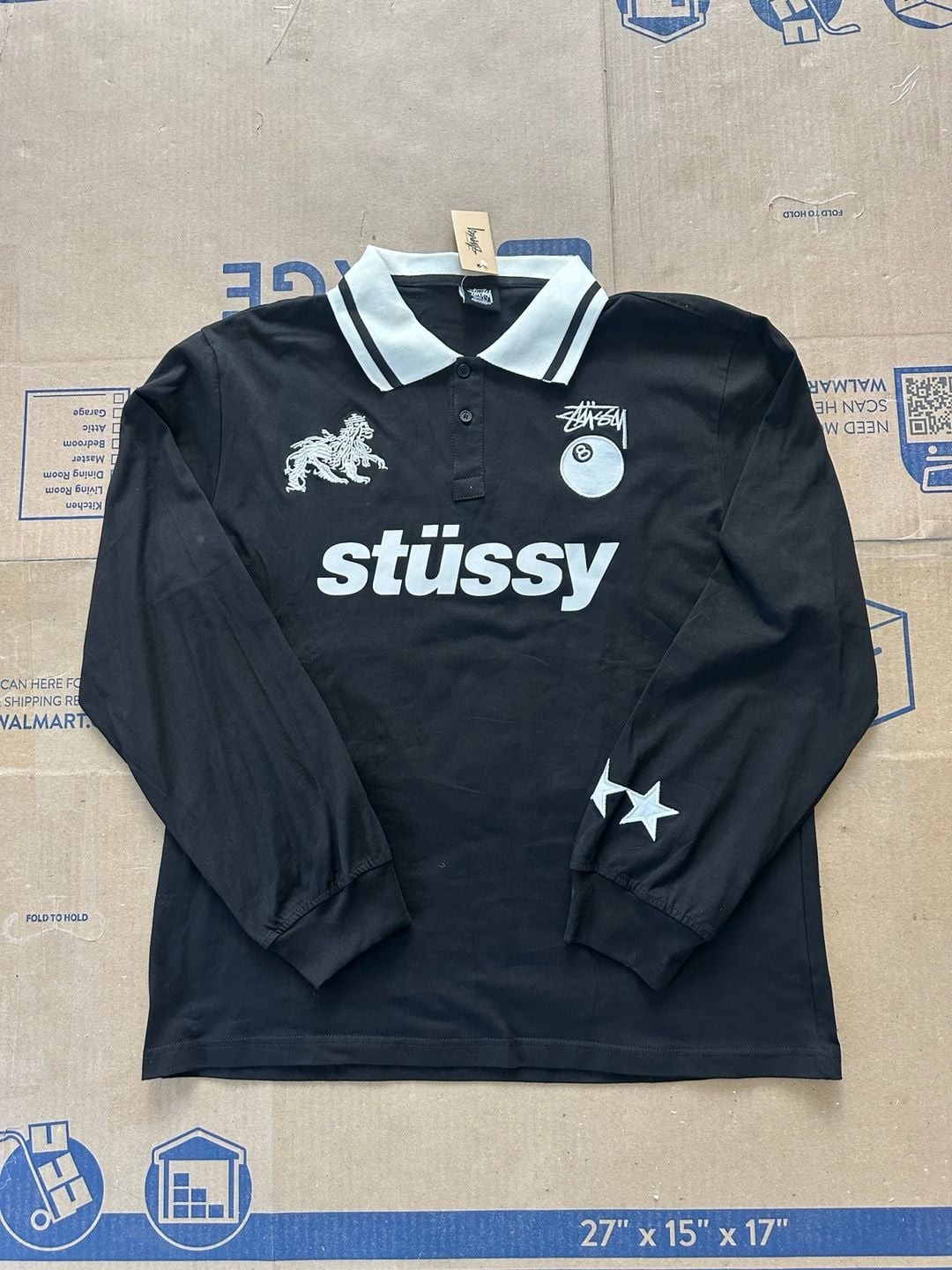 Stussy World Tour Long Sleeve Polo Shirt Size L Black White