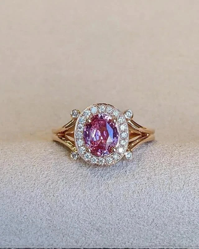 2.20 Ct Oval Cut Natural Pink Sapphire & Diamond Wedding Ring 14K Yellow Gold