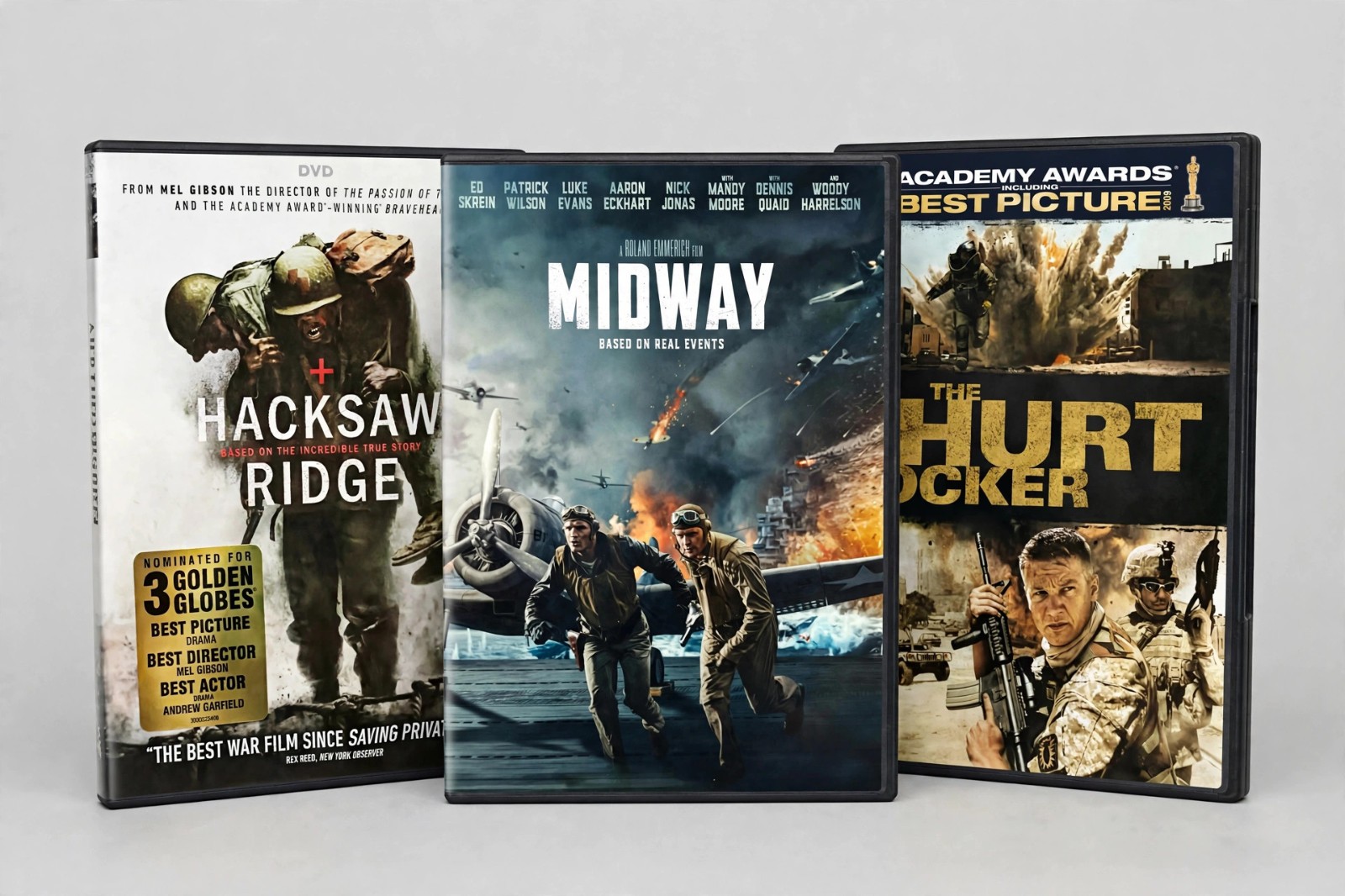 War Movie Bundle (FACTORY SEALED) Hacksaw Ridge, Midway, Hurt Locker DVDs