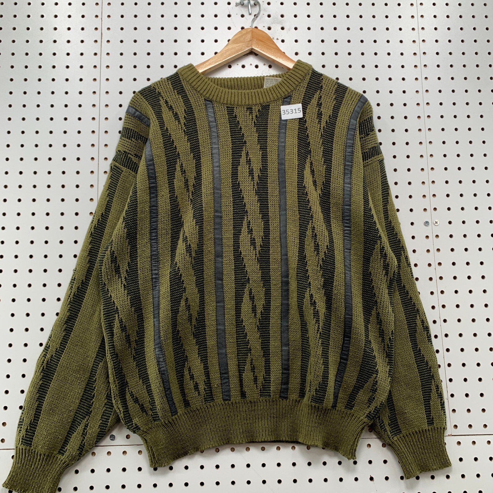 Vintage Gabrielle Knit Sweater Mens Large Acrylic Leather Trim Cable Knit 22x26