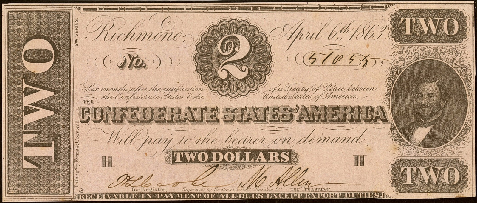 1863 $2 CSA T61 *Reproduction* Civil War Judah P. Benjamin Pictured