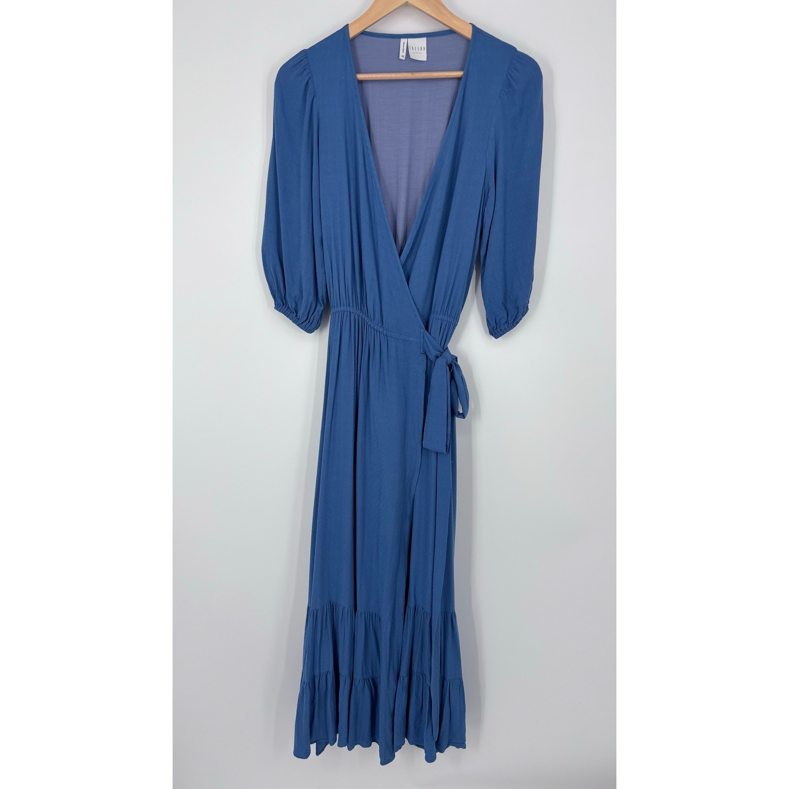 Fresha London Blue V-Neck Wrap Tiered Maxi Dress Womens XS Puff Sleeve
