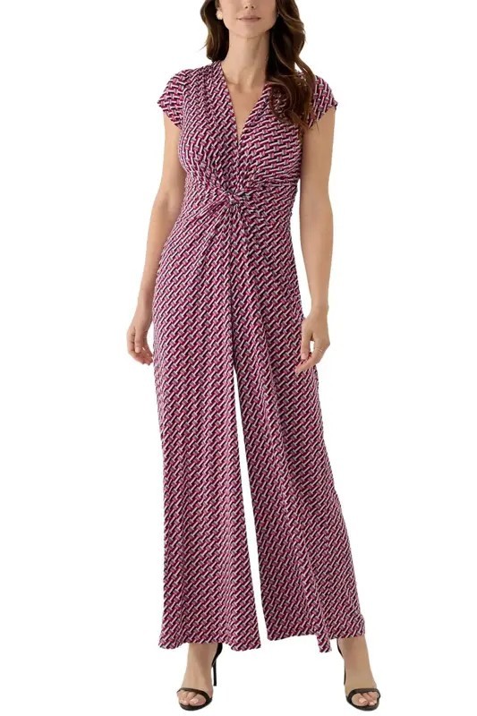 Vince Camuto Twist-Front Cap-Sleeve Jumpsuit Women\'s L Red Multi Zip Closure