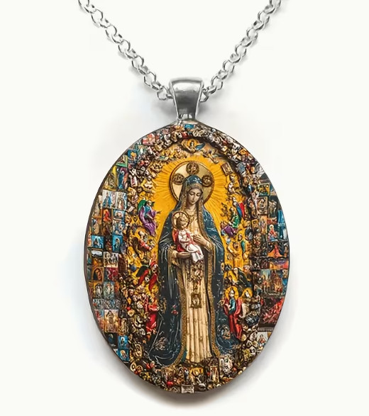 Virgin Mary Jesus Oval Jewelry Elegant Catholic Icon Devotion Pendant Necklace