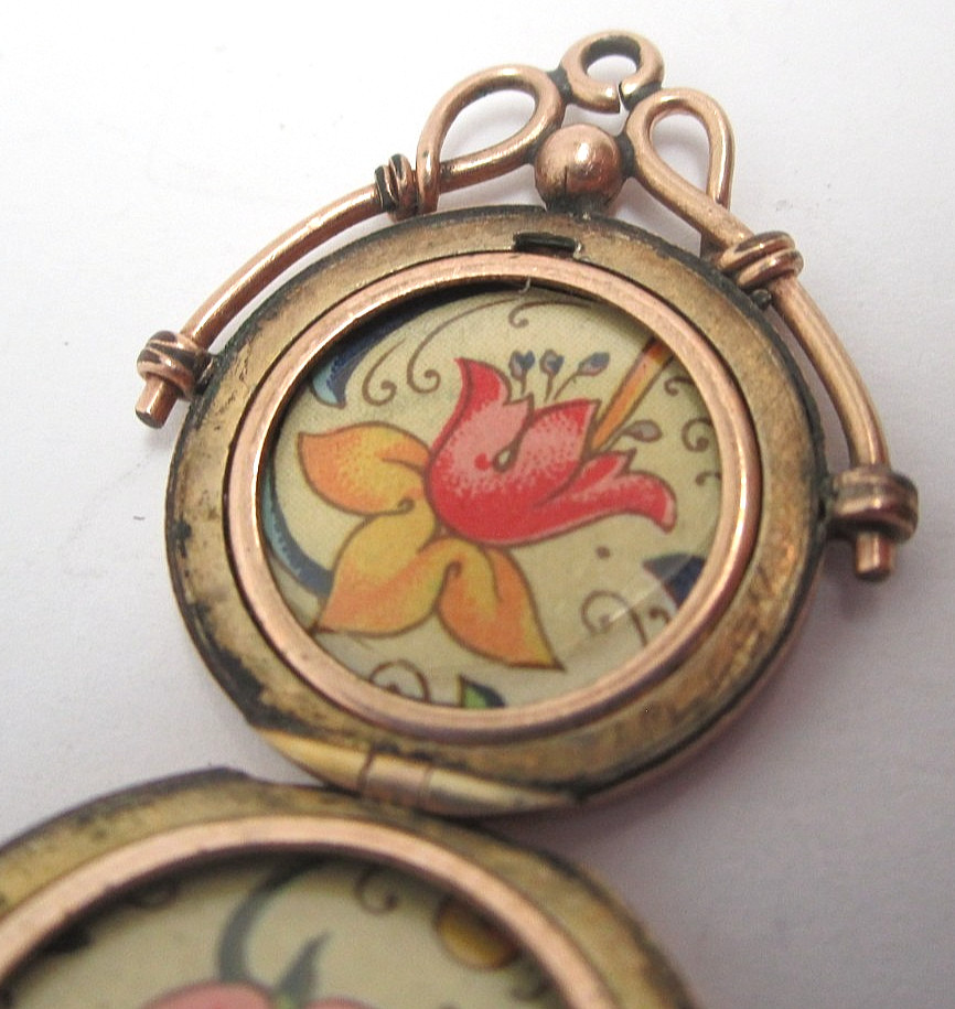 1890s Victorian Gold Filled Watch Fob Locket with Floral Insert Monogrammed
