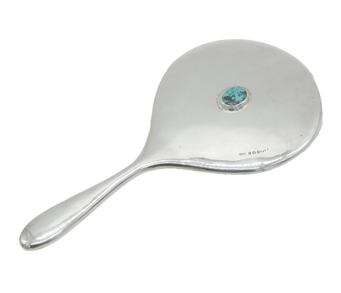 Liberty & Co. Sterling Silver & Turquoise Hand Mirror Antique 1942 Birmingham