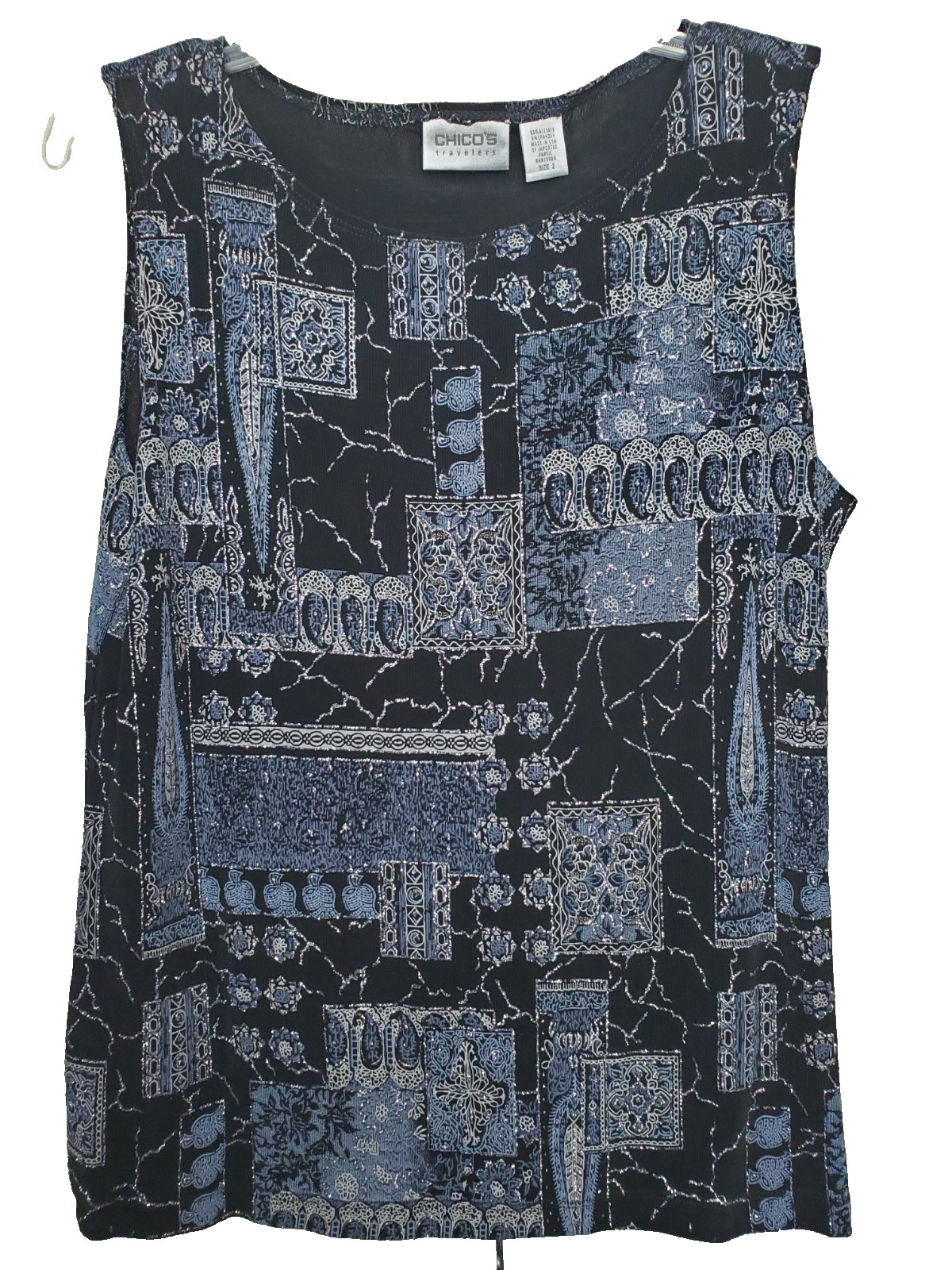 Chico\'s Travelers Patchwork Shimmer Slinky Knit Tank Top Size 2 Large Chico\'s Travelers Patchwork Shimmer Slinky Knit Tank Top Size 2 Large