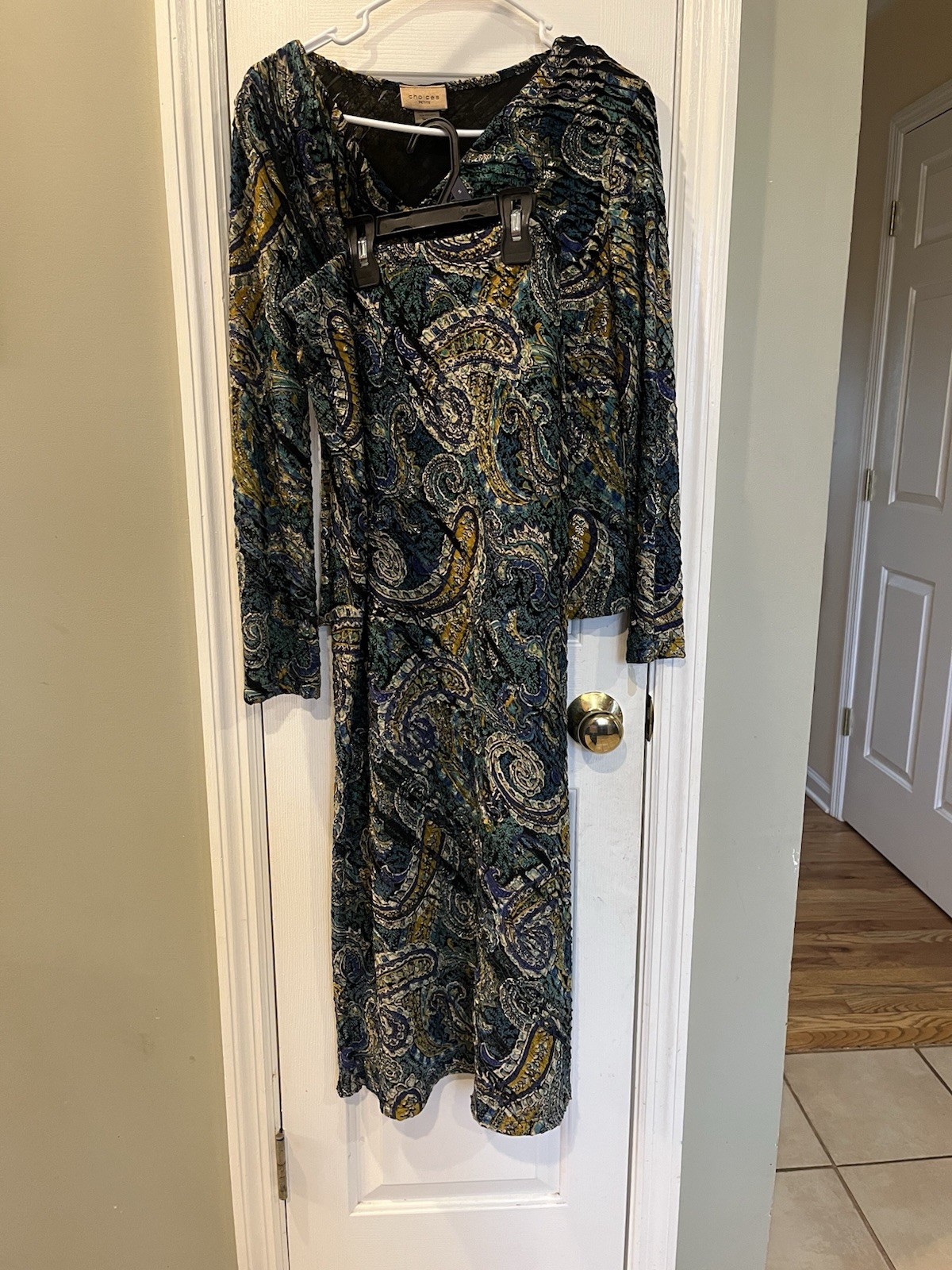 Vintage Choices Petite Paisley Plissé 2pc Skirt Set Cowl Neck Boho Teal Gold S