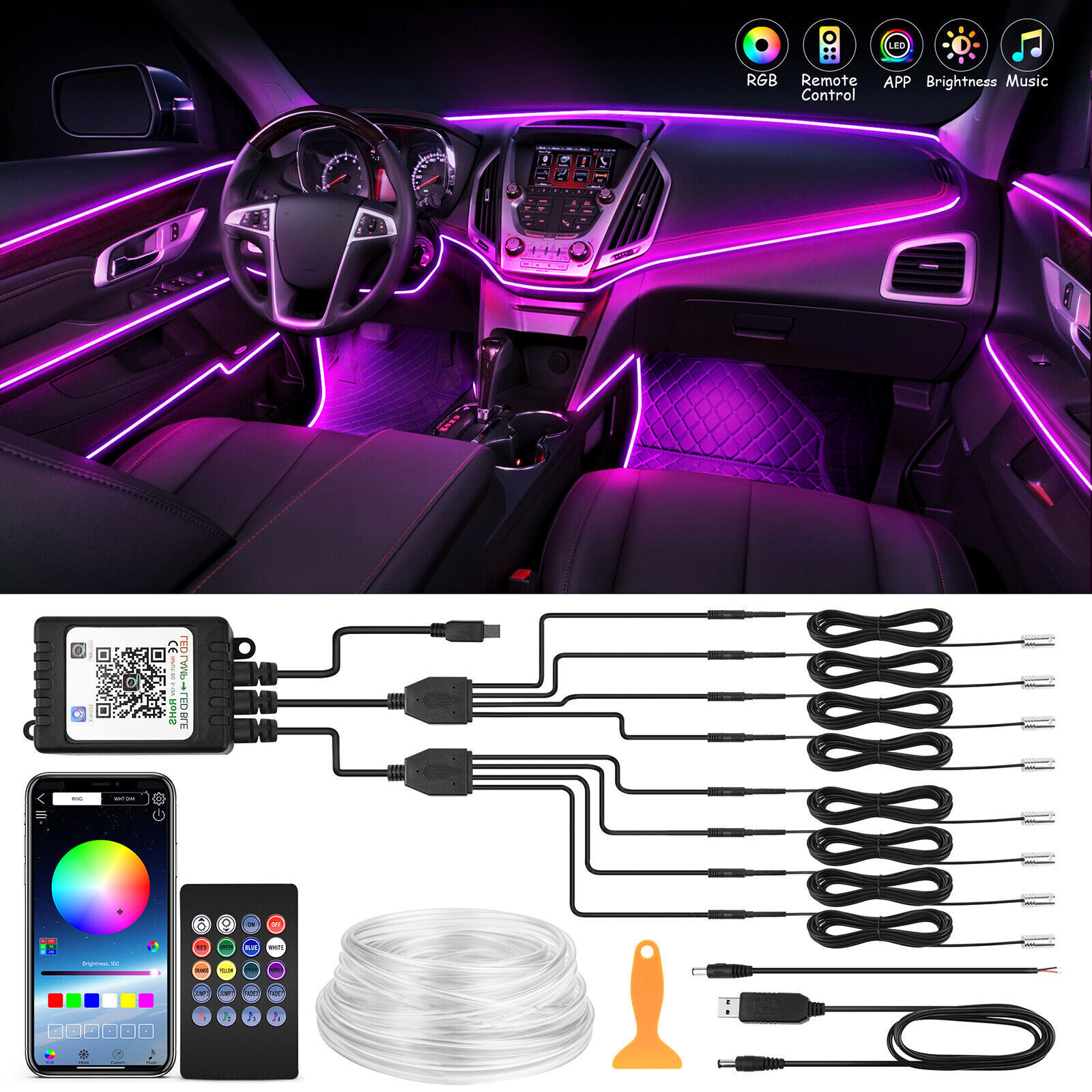 Interior Car LED Strip Lights RGB 8 in 1 Car Neon Led Decor Ambient Lighting Kit