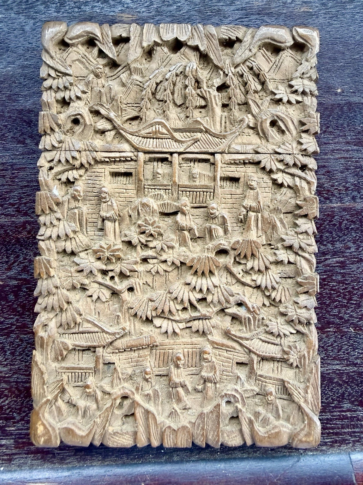 Antique Fine Chinese Intricate Carved Sandalwood Figural Card Case 19th Century