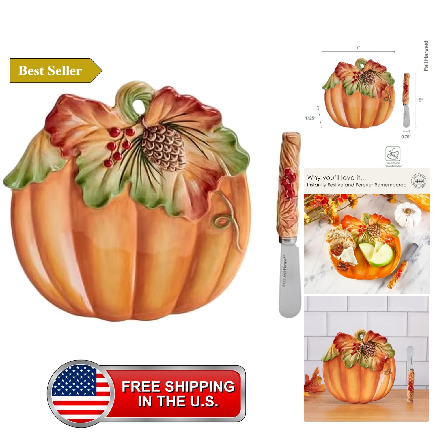Fitz and Floyd Fall Harvest Pumpkin Snack Appetizer Plate with Spreader Set, ... Fitz and Floyd Fall Harvest Pumpkin Snack Appetizer Plate with Spreader Set, ...