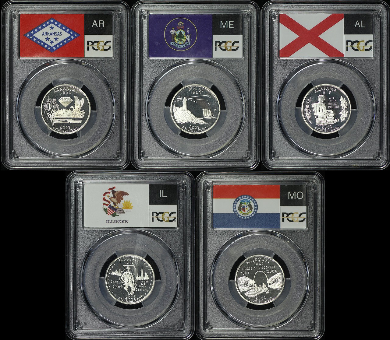 2003-S AL, AR, IL, ME, & MO Silver State Quarter Set PCGS PR-69 DCAM Flag Label